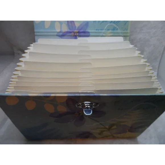 Accordion Style Recipe Card Storage Box With Floral Design & Metal Handle - Picture 5 of 6
